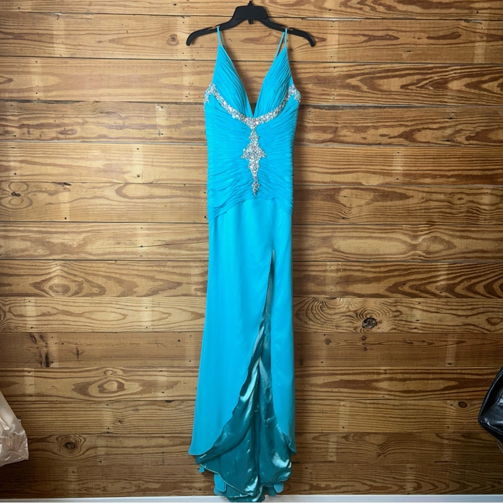 Blue Sleeveless Halter Maxi Gown with Slit